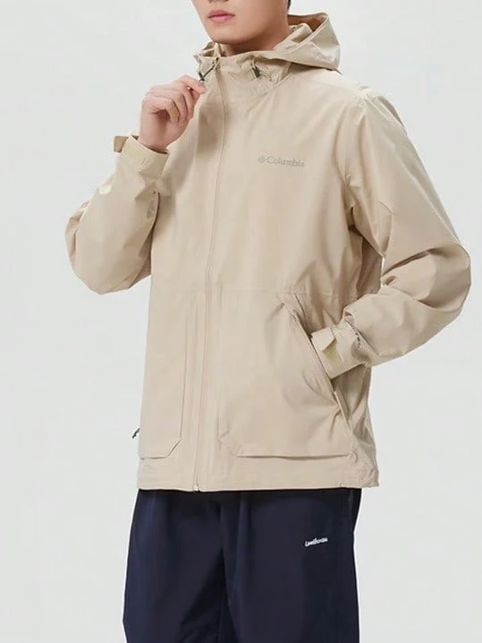 Columbia Jaket Pria Lengan Panjang Kasual Olahraga Sehari-hari dengan Motif Huruf dan Resleting - khaki muda - View 1