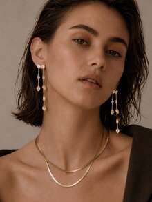 FAAABULS 1pc Asymmetrical Teardrop & Rectangular Rhinestone Long Chain Tassel Earrings, Shiny Multi-Faceted Dangle Earrings For Women, Daily Commute, Bridal Wedding Jewelry - Rhinestones - View 4