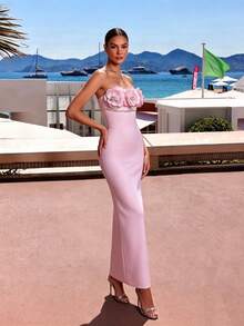 Elegant Strapless Rhinestone Buckle 3D Floral Long Knit Bandage Party Dress - Baby Pink - View 2