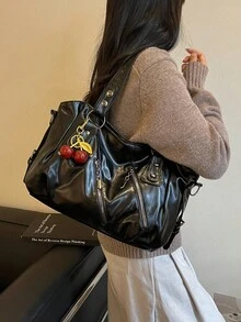 復古極簡大容量時尚學生辦公通勤托特包 - 黑色 - 查看 6