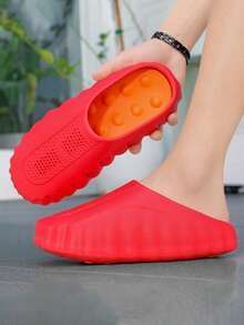 GAISIMA Men's Contrast Color Hollow Breathable Thick Sole Slide Sandals, Unisex Perforated Street Style Height-Increasing Slippers, Suitable For Summer Outdoor, Daily, Bathroom Wear - Red - View 4