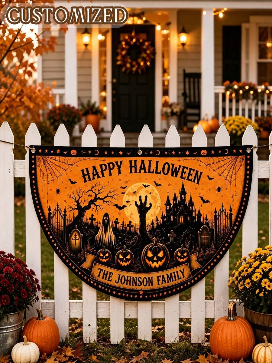 Personalized Halloween Fence Banner, Custom Family Name Yard Banner, Spooky Haunted House Outdoor Decor, Halloween Porch Fence Decoration - Multicolor - View 1