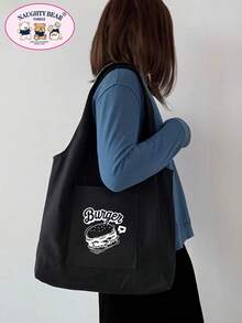 Fashionable Minimalist Versatile Cartoon Print Canvas Bag - Black - View 1