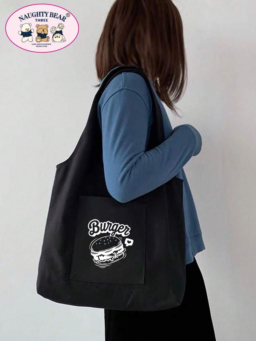 Fashionable Minimalist Versatile Cartoon Print Canvas Bag - Black - View 1