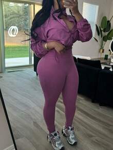 DOUCIU 2pcs/Set Women's Elegant Sexy Polka Dot Round Neck Long Sleeve Cropped Top And Matching Cycling Shorts Set, Medium Stretch - Purple - View 3