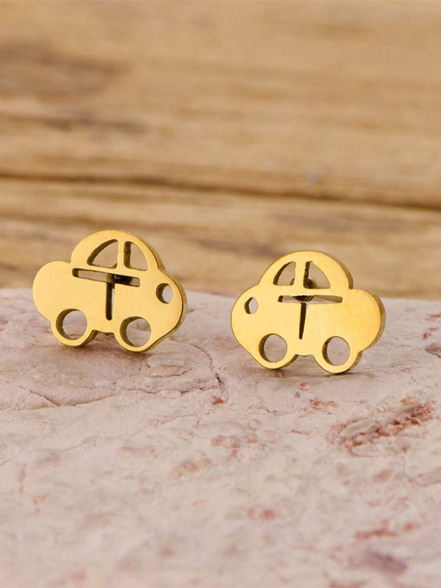 1 Pair Golden Stainless Steel Cartoon Car Stud Earrings, Dainty Cute Tiny Auto Vehicle Ear Jewelry For Women Daily Outfit - GED893 - View 1