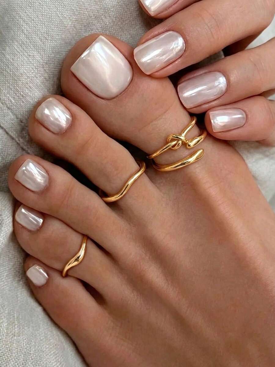 4 piezas de anillos para los dedos de los pies de metal con diseño geométrico minimalista de onda anudada, anillos versátiles y apilables de nicho - Dorado - Ver 1