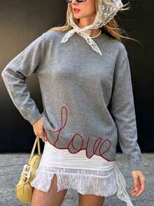 Sweater Leher Bulat Bordir Huruf Musim Gugur/Dingin Wanita Terbaru, Pakaian Kasual Serbaguna untuk Sehari-hari di Musim Gugur - Grey - View 7