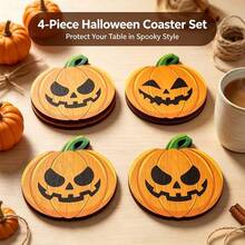4pcs Wooden Halloween Pumpkin Coasters, Non-Slip Heat-Resistant Drink Mats, Scary Jack Pumpkin Cup Holders, Suitable For Holiday Party Home Kitchen Dining Table Decor - Orange - View 2