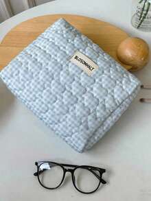 BLOSOMHALT 3pcs Cute Blue Plaid Heart Quilted Down Cosmetic Bag Set, Korean Aesthetic Thickened Makeup Travel Storage Bag With Handle And Woven Label, Suitable For Women And Girls - Blue - View 5