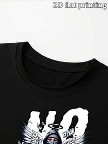 Men's Street Style Hip Hop Edgy Masked Angel Graphic Oversized Short Sleeve T-Shirt, Casual Loose Drop Shoulder Crew Neck Tees, Comfy Breathable Summe - Black - View 5
