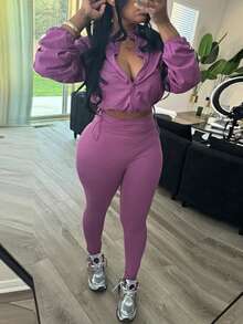 DOUCIU 2pcs/Set Women's Elegant Sexy Polka Dot Round Neck Long Sleeve Cropped Top And Matching Cycling Shorts Set, Medium Stretch - Purple - View 4