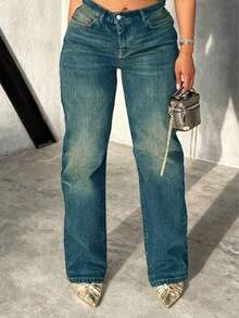 Celana Jeans Denim Wanita Model Lurus Longgar Bergaya Vintage dengan Efek Usang - Dark Wash - View 3