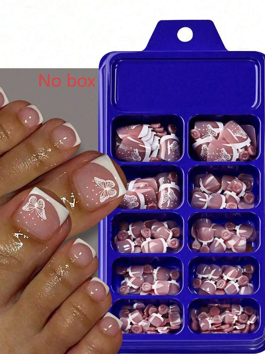 72pcs French Style Wearable Toe Nail Tips, Nude Pink Butterfly Design, 12 Sizes Short Square Full Coverage Fake Toenails, Reusable Summer Women's Foot Nail Art - Multicolor - View 1