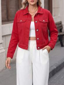Women's Plus Size Short Casual Denim Jacket, Long Sleeve, Autumn Top, Traceable Cotton Red - Red - View 4
