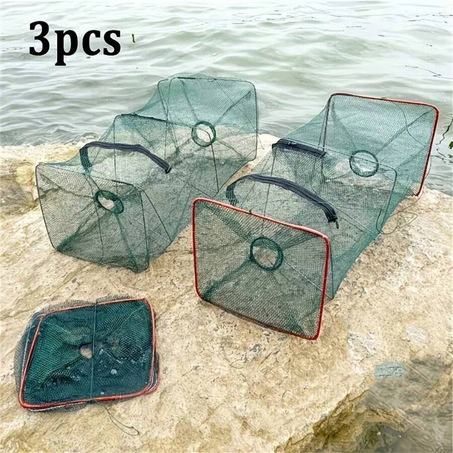 3pcs Foldable Fishing Net Set, Includes Bait Trap And Fine Nylon Net, Suitable For Shrimp, Crab, Lobster, Double-Sided Entry Throwing Net Cage, Outdoor Fishing Gear - Multicolor - View 1