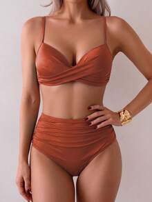 Summer Solid Color Elegant Bohemian Sweet Style Two Pieces Bikini Swimsuit Beach Vacation Set - Caramel Orange - View 4
