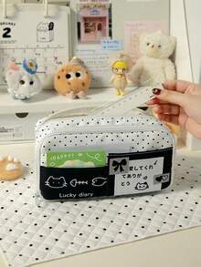 1pc Polka Dot Cat Print Pencil Case, Multi-Compartment Design For Organized Storage Of Writing Tools And Small Items, Sturdy Shape Resistant To Deformation, Front Pocket For Easy Access To Notes And Cards, Fresh And Stylish Polka Dot Patchwork Design, Stationery Storage, Small Item Organization, Back To School Recommendation, Christmas Gift, Halloween Gift, Thanksgiving Gift - A - View 3