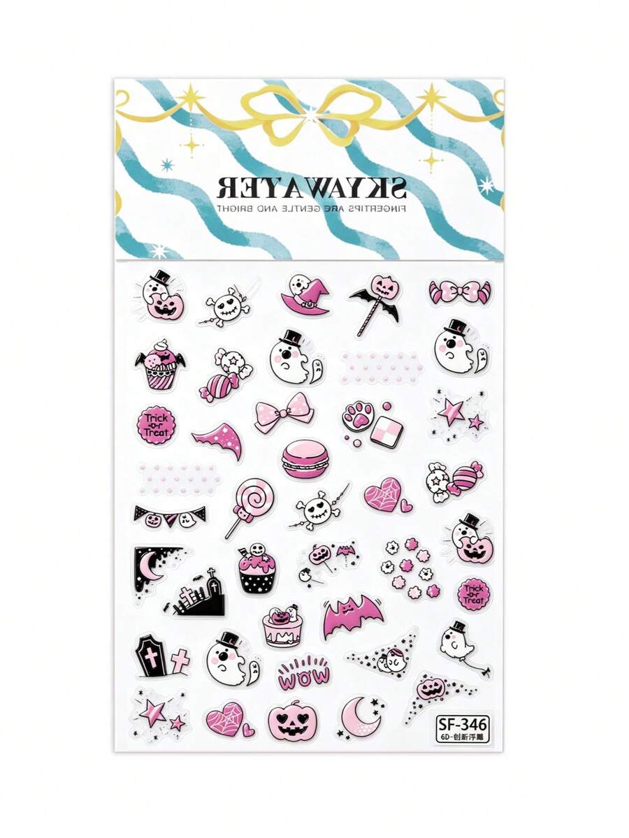1PC Embossed Pink Halloween Nail Stickers, Self-Adhesive Cute Ghost Pumpkin Bat Skull Candy Bow Gravestone Spider Web Nail Decals, Kawaii Trick Or Treat Gothic Spooky Manicure Nail Art Decorations - Multicolor - View 1