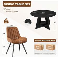 Modern 5 Piece 47 Inch Round Dining Table Set With 4 Padded Chairs, Space Saving Kitchen Table Set With Storage Shelf For Small Apartment Dining Room, Walnut Table Brown Chairs - Black - View 3