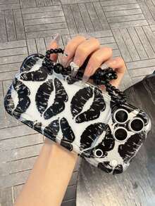 1pc Wavy Edge Transparent Phone Case, Black Lip Print Design, With Black Heart Bead Phone Lanyard, Anti-Drop Anti-Slip Scratch-Resistant, Compatible With Apple 17/17 Pro/17 Pro Max, 16/15/14/Pro/Pro Max, S26/S25, A55 5G-Apple 17 Pro Max Phone Case, Apple 13 Phone Case, S24 Ultra Phone Case - Clear - View 2
