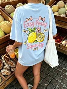 Tween Girl 1pc Printed Pullover Short Sleeve T-Shirt, Student Youth Kids Summer Top, Suitable For Autumn/Winter Layering, INS Casual Street Beach Vacation Airport Breakfast School Daily Outfit, Versatile Styling - Baby Blue - View 2