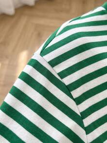 1pc Tween Girls Casual Classic Retro Striped Fashion Design Crew Neck Long Sleeve T-Shirt Top Autumn/Winter - Green - View 5