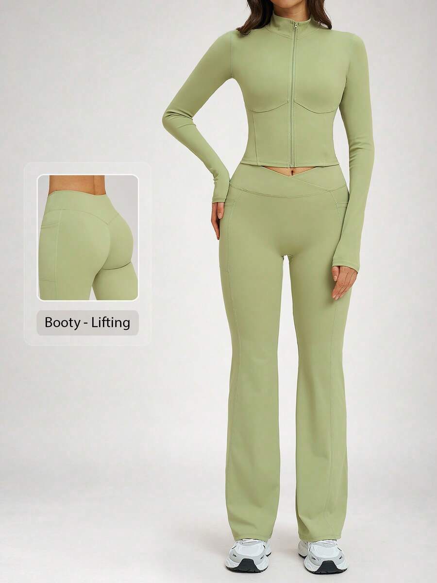 NcmRyu Women's One Set Solid Color Stand Collar Zipper Short Jacket & Criss-Cross V Waist Flared Pants Sports Outfit - Green - View 1