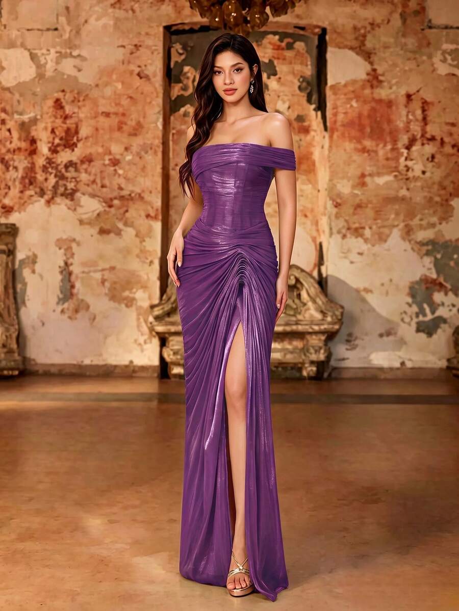 Elegant Asymmetric Cold Shoulder Shiny Satin Pleated Corset Long Dress, Ruched High Slit Mermaid Skirt, Bridesmaid Wedding Formal Party Gown For Summer And Autumn - Red Violet - View 1