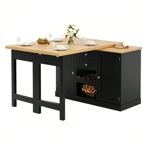 Extendable Kitchen Table 120-197 Cm, 360° Swivel, With Wine Rack And Snack Shelves, Magnetic Doors, White/Black, Max Load 60 Kg - Black - View 1
