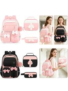 4pcs Single Bow Backpack Set, Detachable Bow, Small Bag And Pom Pom Pendant, Suitable For Daily, Travel And Gift Use - A - View 8