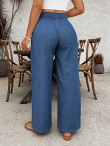 Plus Size Women's Solid Color Drawstring Wide Leg Long Pants, Suitable For Casual Beach Wear - Blue - View 4