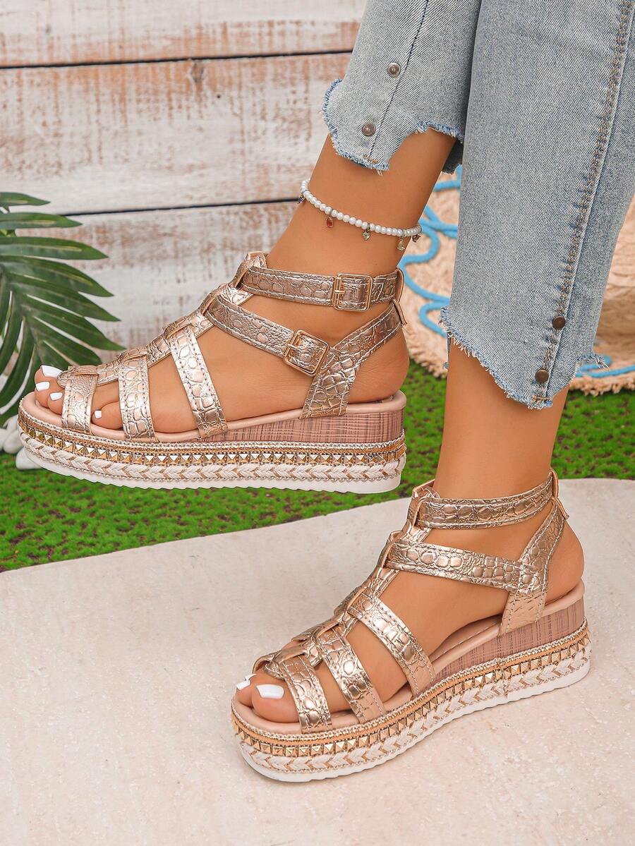 Women's Rivet Decor Ankle Strap Crocodile Embossed Wedge Platform Sandals, Vacation Style Summer Daily Outdoor Wear, Champagne Color