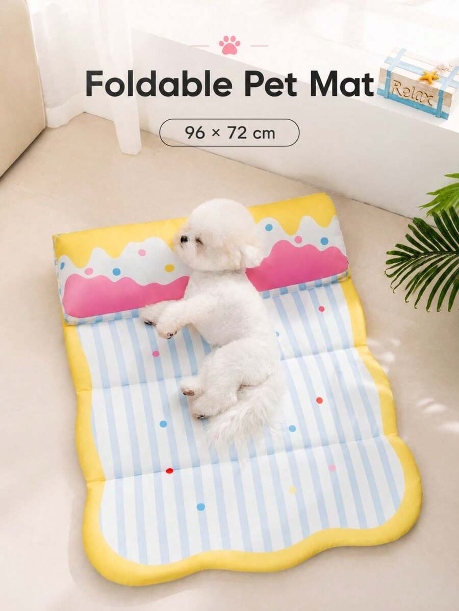 1pc Foldable Pet Mat, Striped Polka Dot Pattern, Scalloped Edge & Built-In Bolster, Reversible Foldable Design, Soft Padded Fabric, Water-Resistant & Washable, S-XXL, For Small & Medium Dogs And Cats, Floor, Sofa, Bed & Car Seat - Multicolor - View 1