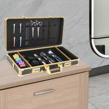 InSyoForeverEC Borsa da trasporto per parrucchiere, valigetta per strumenti da barbiere, custodia per trimmer, scatola per parrucchiere, organizer per forbici e pettini, box portatile per tagliacapelli, set di styling da viaggio, custodia da trasporto con serratura, nero e oro - A - Visualizzare 5