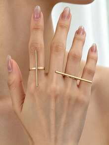 2 piezas/Set Anillos de mujer con líneas geométricas horizontales & verticales brillantes de moda - Amarillo Oro - Ver 1