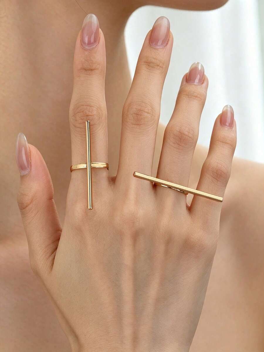 2 piezas/Set Anillos de mujer con líneas geométricas horizontales & verticales brillantes de moda - Amarillo Oro - Ver 1