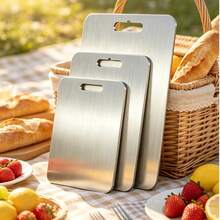 Ultra-Thin Stainless Steel Cutting Board 3 Pieces Set, Includes Large, Medium And Small Sizes, Easily Stored In Kitchen Drawer. Stainless Steel Material, Durable And Resistant To Cracking And Mold, Built-In Hanging Hole For Ventilation When Not In Use. Suitable For Preparing Baby Food, Cutting Fruits And Vegetables, Processing Meat, Separating Raw And Cooked Ingredients To Avoid Cross-Contamination, Easy To Clean And Heat/Cold Resistant. Minimalist And Versatile, Meets Daily Home Meal Prep Needs, Ideal Kitchen Tool For Small Kitchens. - View 3