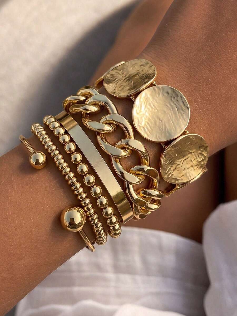 6pcs Vintage Elegant Bohemian Style CCB Beaded Bracelets, Elastic Bracelets, Suitable For Women's Daily Wear And Beach Vacation, Stackable, Gift - Yellow Gold - View 1