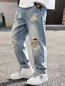 Teen Boys Light Blue Vintage Washed Distressed Ripped Loose Straight Leg Denim Jeans - Light Wash - View 1