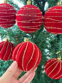 9pcs Red Flocked Christmas Decorations - Christmas Tree Hanging Ornaments With Gold Ribbon - Exquisite Home Decor And Party Christmas Decorations Christmas Decor Christmas Decorations Christmas Decor - Multicolor - View 5