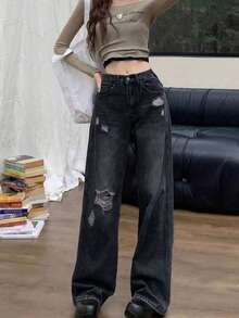Vintage Distressed Loose Fit Straight Leg Jeans For Petite Women, Flattering & Versatile Casual Spring - Grey - View 3