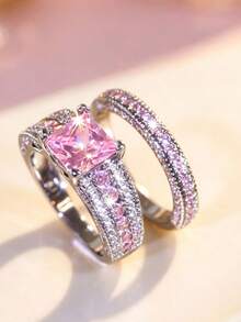 Yayi jewelry 2PCS Women's Princess Square Double-Row Sparkling Rings, Wide Main Ring Paired With Double-Layer Thin Rings, Luxury Style Stackable Rings, Bridal Wedding Rings With Novel Design, Young Girl Engagement Anniversary Gift - Pink - View 8
