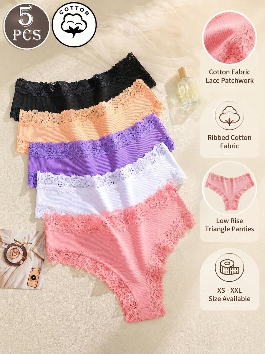 5 buah Celana Dalam Wanita Model Segitiga Minimalis Nyaman dengan Hiasan Renda, Warna Polos - MultiWarna - View 1