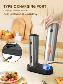 CLITON 充電式電動鹽胡椒研磨器帶 LED 燈，研磨粗細可調。3 種規格：充電單支、收納底座套裝、充電底座套裝，餐桌、戶外燒烤首選 - 彩色 - 查看 3