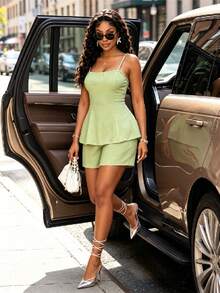 BIUBIU Plus Size Women's Summer Green Two Pieces Outfit Spaghetti Strap Backless Shirred Cami Top And Pocket Shorts Set, Ideal For Casual Chic Wear Elegant - Bean Green - View 1