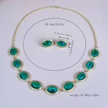 Conjunto de Joias Vintage com Colar Choker de Pedra Verde Esmeralda Oval & Brinco de Pino, Borda Dourada Antiga, Mulheres Formal Banquete Casamento Festa Noturna - olho de gato oval - Visão 5