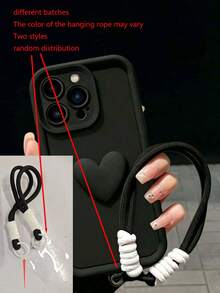 1pc 3D Heart Phone Case Compatible With IPhone 17 Pro Max, 16, 15, 14, 11 With Lanyard, Minimalist Phone Cover - Black - View 4
