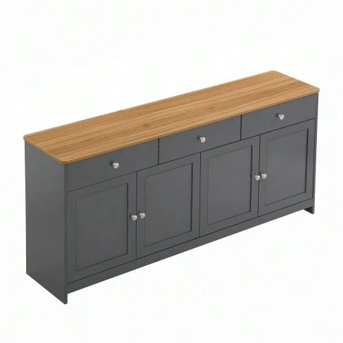 Grey And Black Sideboard With Wood Grain, Four Doors, Three Drawers, Living Room, Dining Room. Wood Color And Grey-Black - Grey - View 1