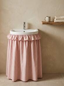 1pc Khaki Plaid Washbasin Skirt, Bright And Lively Style, Fabric With Washed Texture, Round Shape With Top And Bottom Ruffle Hem, Pleated Details, Concealing Washbasin Storage And Decorative Function, Suitable For Bathroom Daily Arrangement And Warm Tone Home Decor Scenes - Khaki - View 3